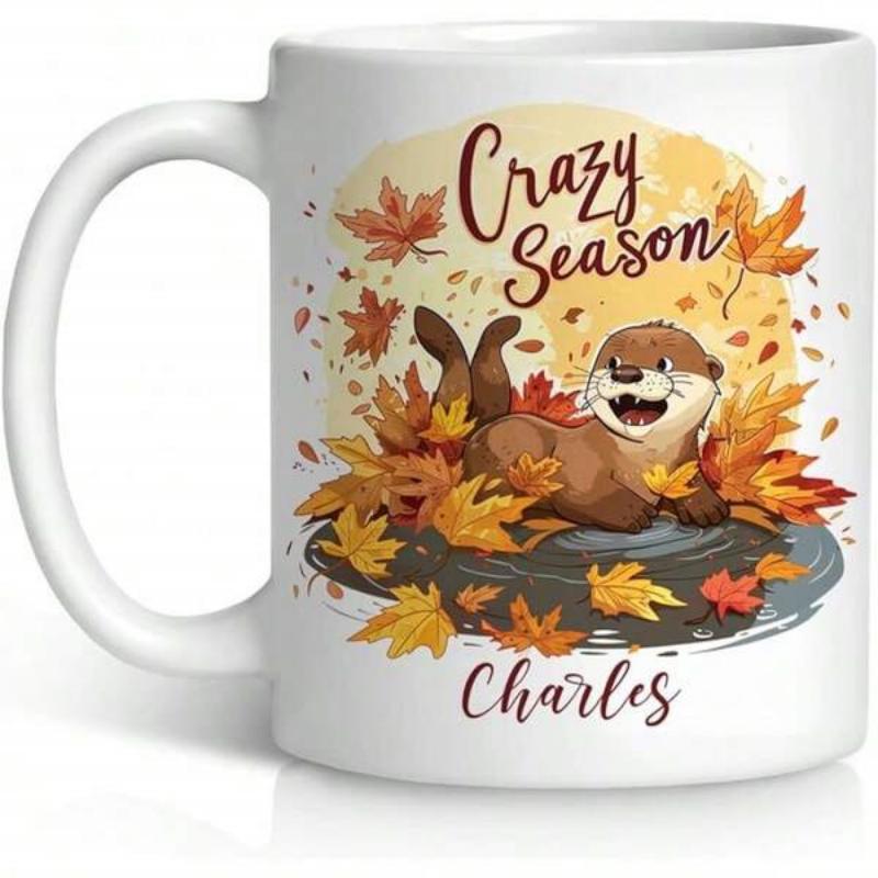 Tailorly White Ceramic 11 oz Mug - Crazy Season Charles Cute Otter Lying Among Vibrant Autumn Maple Leaves Under Sunlight Otter