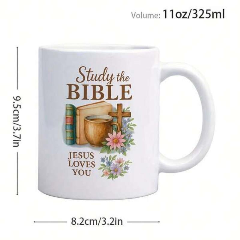 Tailorly White Ceramic 11 oz Mug - Study The Bible Jesus Loves You Vintage Religious Watercolor Books With Wooden Cross And Delicate Floral Blossoms Bible