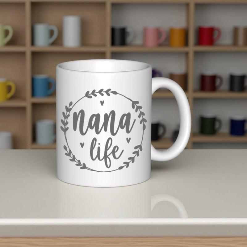 Tailorly White Ceramic 11 oz Mug - Nana Life Delicate Leaf Wreath With Tiny Hearts Surrounding Handwritten Text Mug