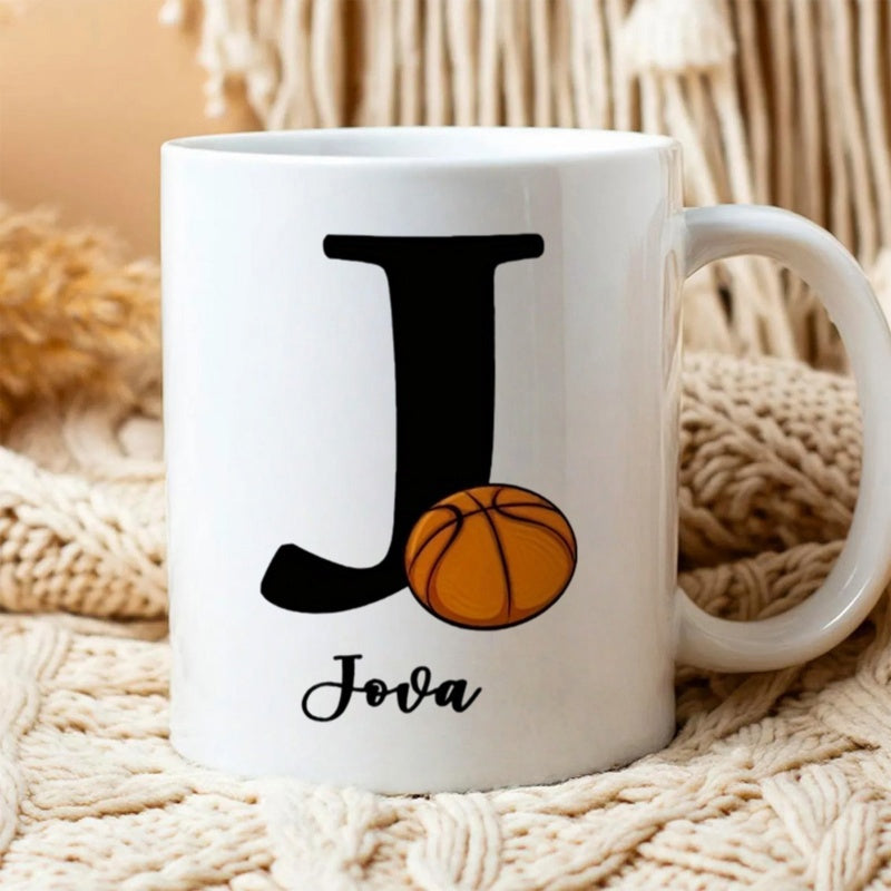 Tailorly White Ceramic 11 oz Mug - Jova Bold Initial Letter J Featuring A Classic Textured Orange Sports Basketball