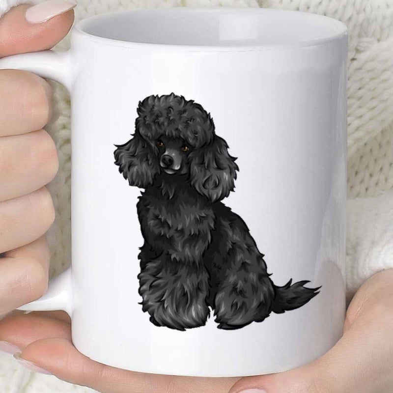 Tailorly White Ceramic 11 oz Mug - Elegant Black Sitting Dog With Fluffy Curly Fur Realistic Detailed Poodle