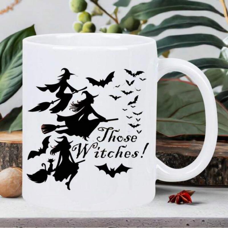 Tailorly White Ceramic 11 oz Mug - Those Witches Flying Silhouettes Across The Midnight Sky Surrounded By Bats Witch