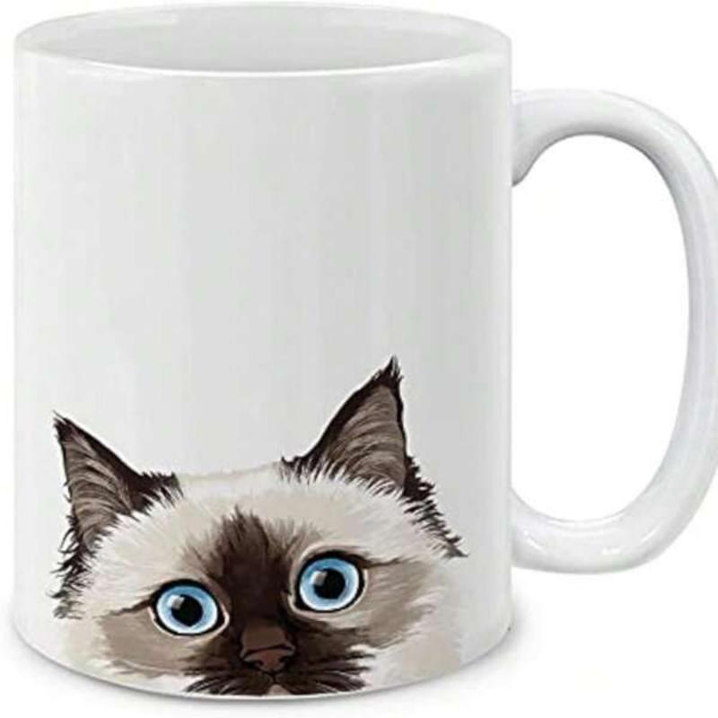 Tailorly White Ceramic 11 oz Mug - Peeking Cute Siamese With Bright Blue Eyes And Soft Fur Cat