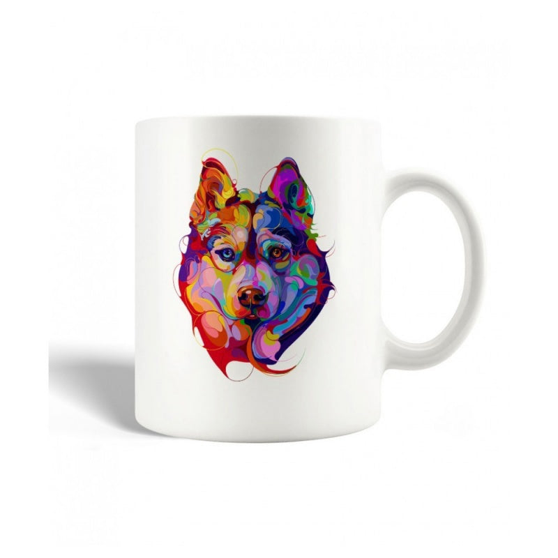 Tailorly White Ceramic 11 oz Mug - Vibrant Multi Colored Pop Art Style Majestic Portrait Husky