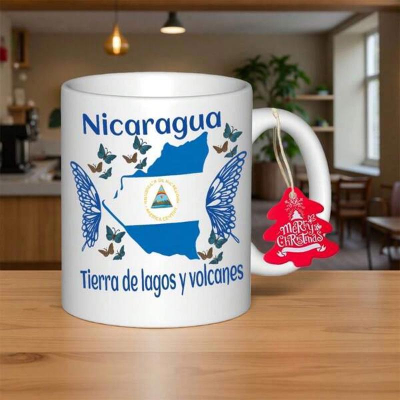 Tailorly White Ceramic 11 oz Mug - Nicaragua Blue Flag Pattern Within Outline Surrounded By Delicate Flying Butterflies Map