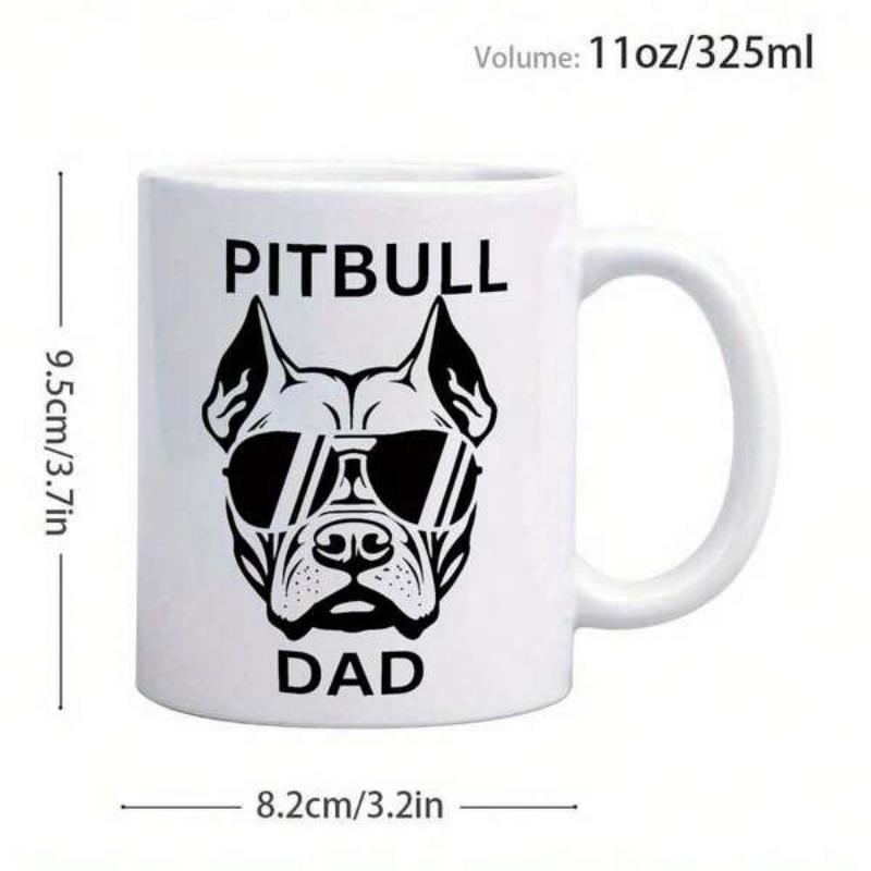 Tailorly White Ceramic 11 oz Mug - Pitbull Dad Stylized Black And White Pitbull Wearing Sunglasses Looking Forward With Pointy Ears Pitbull
