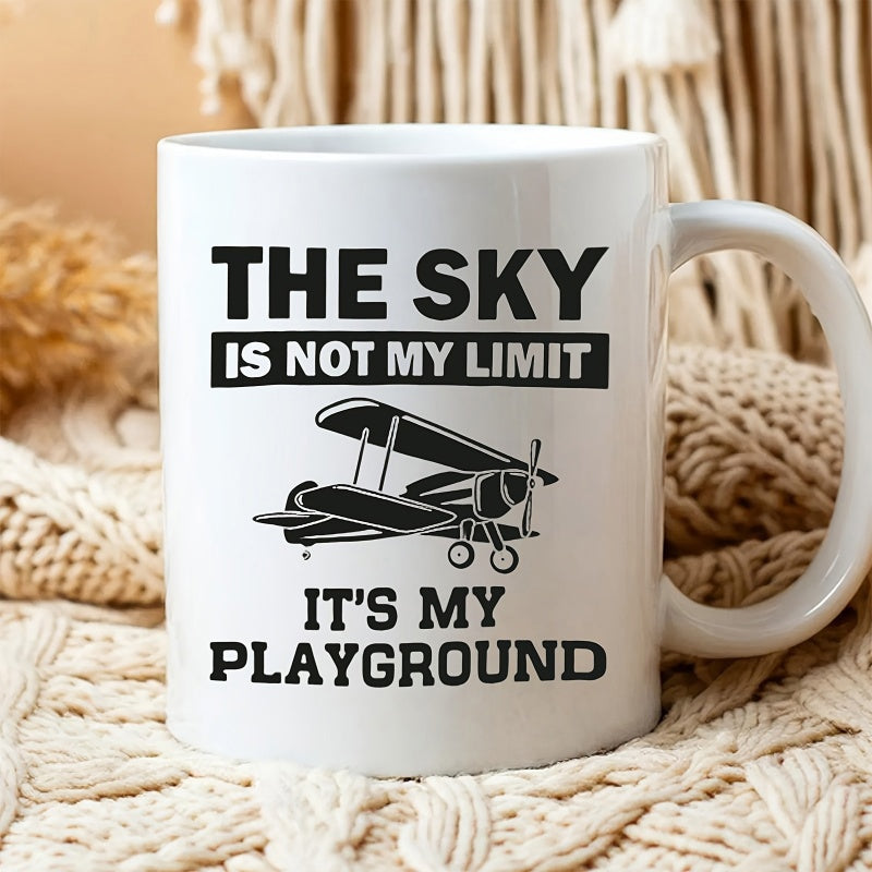 Tailorly White Ceramic 11 oz Mug - The Sky Is Not My Limit Its My Playground Vintage Biplane Flying Through The Clear Open Sky With Bold Black Outlines Airplane