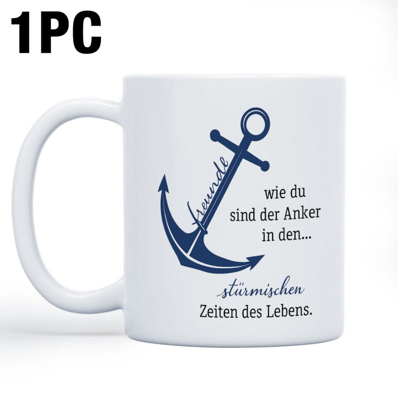 Tailorly White Ceramic 11 oz Mug - Nautical Blue Marine Theme Featuring A Large Traditional Iron Ship Anchor