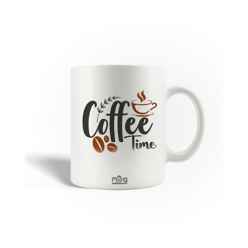 Tailorly White Ceramic 11 oz Mug - Coffee Time Artistic Script Lettering Surrounded By Roasted Beans And Steaming Cup Mug