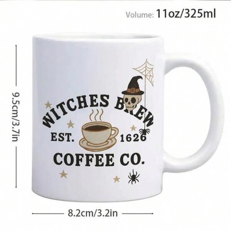Tailorly White Ceramic 11 oz Mug - Witches Brew Coffee Co Spooky Skull Wearing Pointy Witch Hat Beside Steaming Coffee Cup Mug