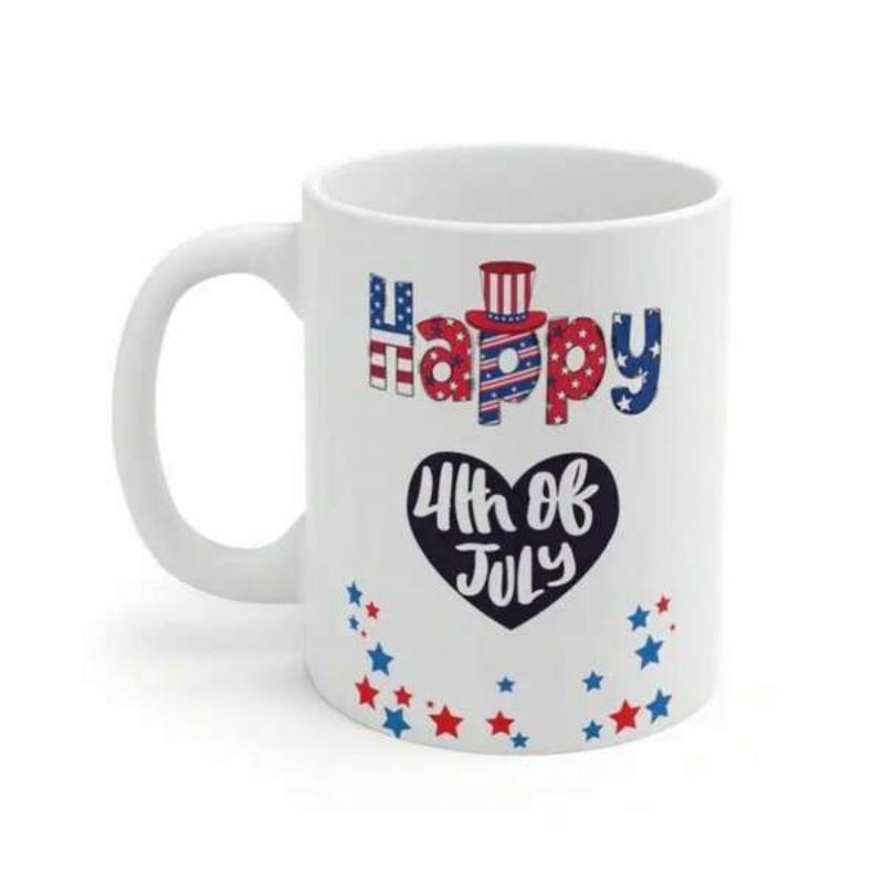 Tailorly White Ceramic 11 oz Mug - Happy 4th Of July Patriotic Stars And Stripes Patterned Letters With A Tiny Top Hat Heart