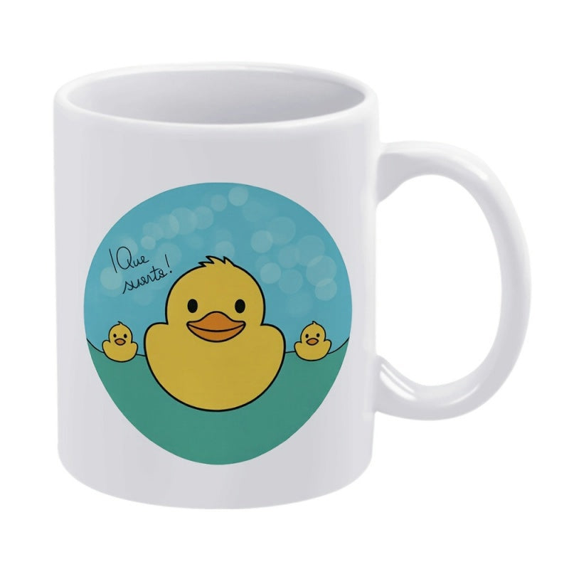 Tailorly White Ceramic 11 oz Mug - Adorable Yellow Cartoon Ducks Floating Within A Peaceful Blue Bubbled Circular Duck