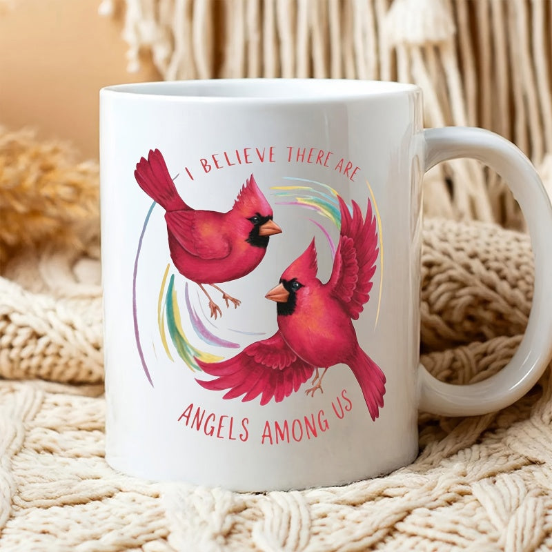 Tailorly White Ceramic 11 oz Mug - I Believe There Are Angels Among Us Vibrant Red Birds Gliding Through Soft Colorful Pastel Rainbow Trails Cardinal