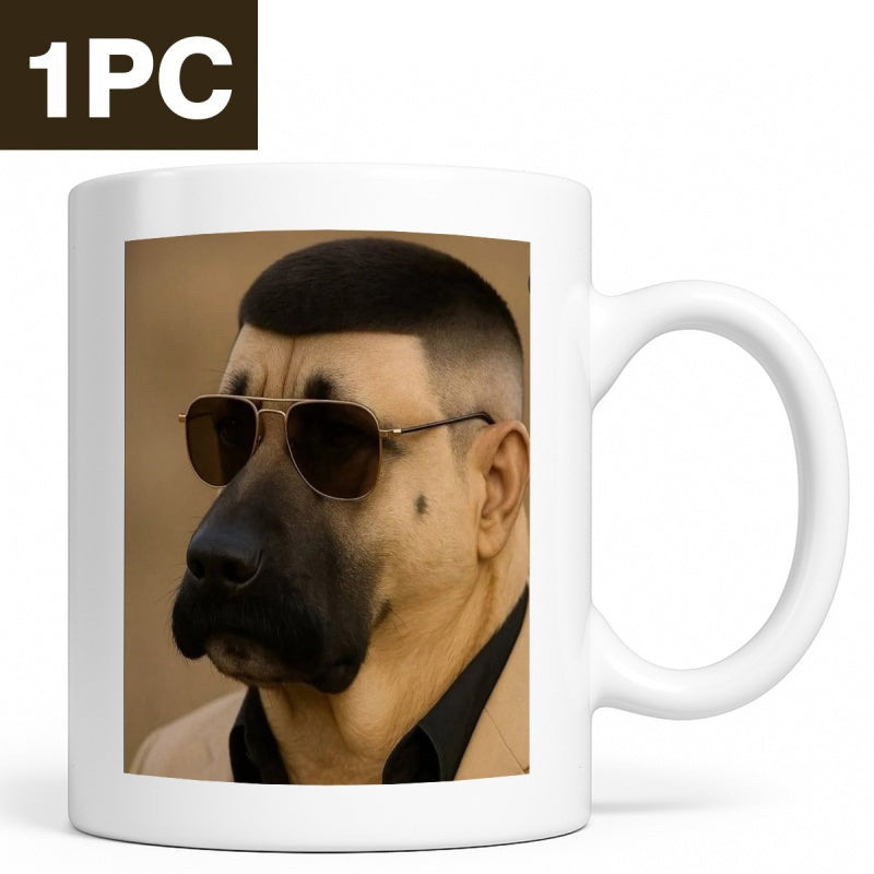 Tailorly White Ceramic 11 oz Mug - Unique Surreal Humanoid Wearing Sunglasses And Stylish Modern Bowl Cut Dog