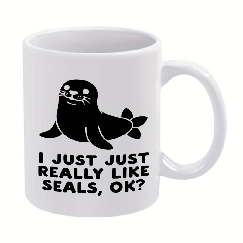 Tailorly White Ceramic 11 oz Mug - I Just Just Really Like Seals Ok Cute Minimalist Black Cartoon Character Resting On White Background Seal