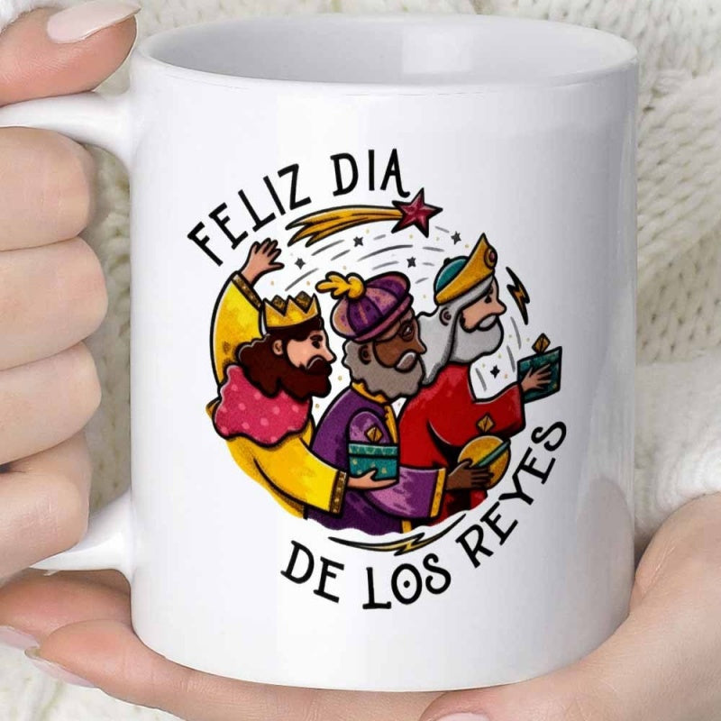 Tailorly White Ceramic 11 oz Mug - Colorful Cartoon Illustration Featuring Wise Men Holding Gifts Under Star Three Kings