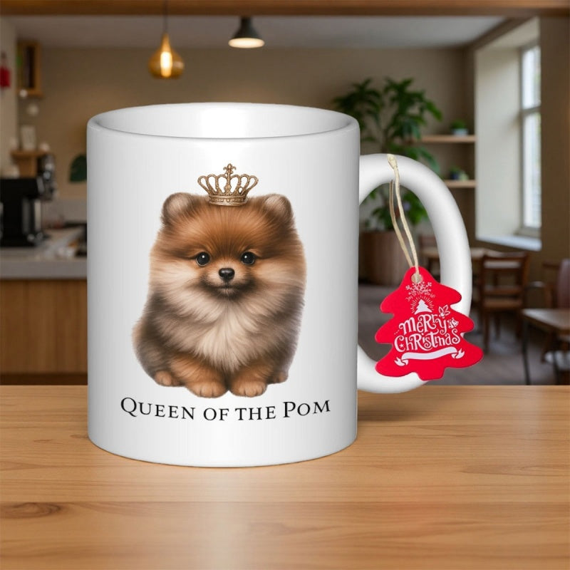 Tailorly White Ceramic 11 oz Mug - Queen Of The Pom Fluffy Little Brown Dog Wearing Tiny Golden Crown Sitting Gracefully Pomeranian