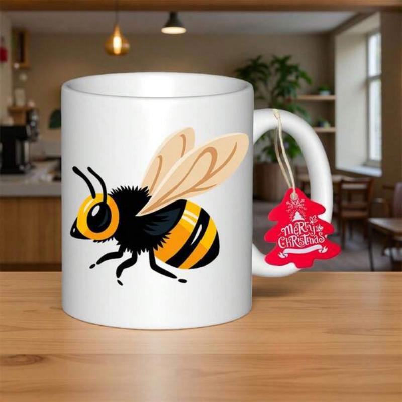 Tailorly White Ceramic 11 oz Mug - Charming Yellow And Black Striped Insect With Delicate Wings Bee