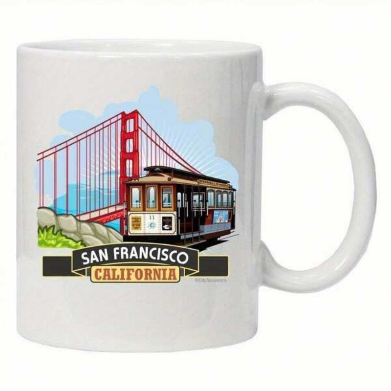 Tailorly White Ceramic 11 oz Mug - San Francisco California Red Golden Gate Bridge Under Sky With Classic Vintage Cable Car