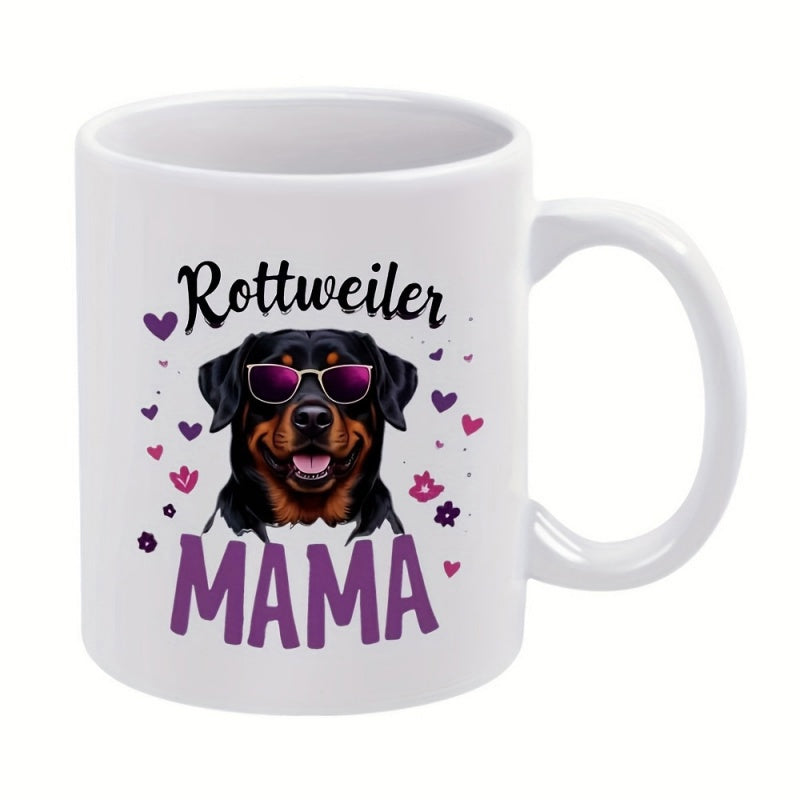 Tailorly White Ceramic 11 oz Mug - Rottweiler Mama Cool Dog Wearing Sunglasses Surrounded By Hearts And Tiny Flowers Rottweiler
