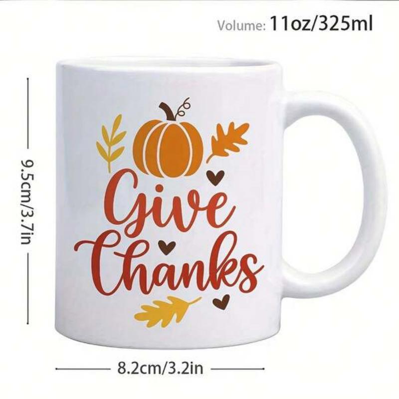 Tailorly White Ceramic 11 oz Mug - Give Thanks Autumn Harvest Pumpkin Surrounded By Golden Leaves And Decorative Hearts Pumpkin