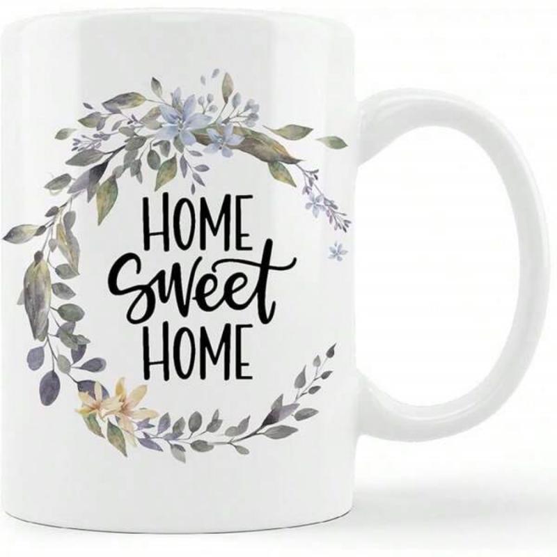 Tailorly White Ceramic 11 oz Mug - Home Sweet Home Watercolor Leaves And Blue Flowers Arranged In A Delicate Circular Wreath