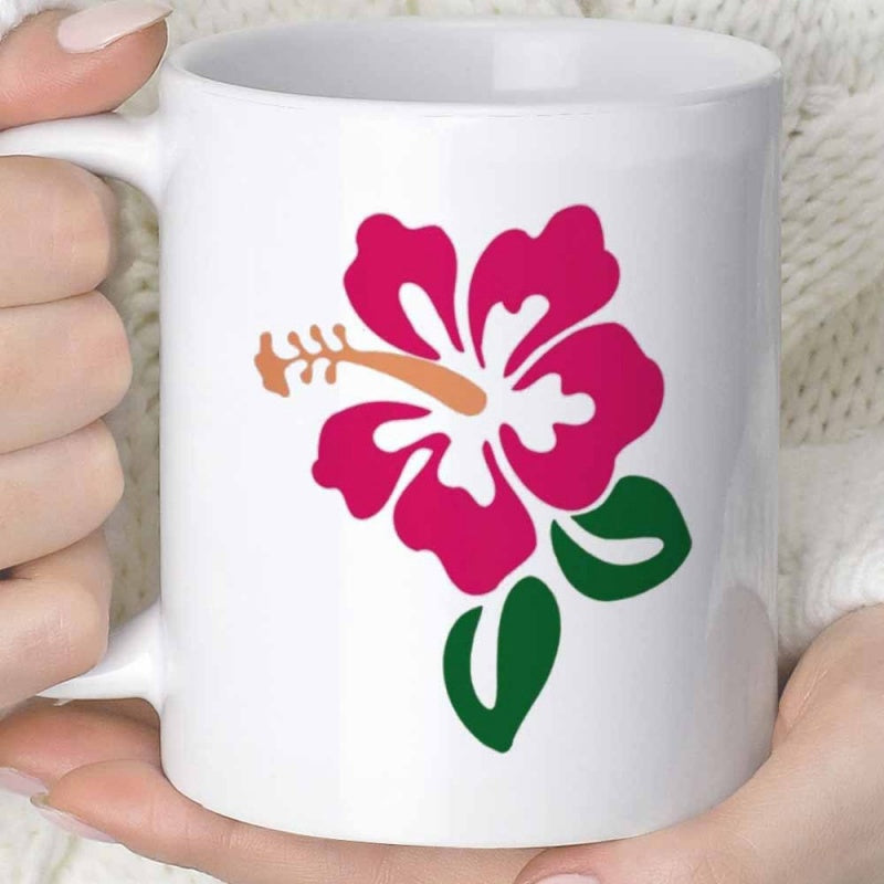 Tailorly White Ceramic 11 oz Mug - Vibrant Pink Tropical Hibiscus Petals With Green Leaves And Stamen Flower