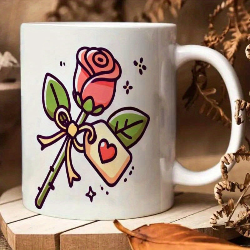 Tailorly White Ceramic 11 oz Mug - Cute Cartoon Style Pink Blooming With Green Leaves And Small Heart Tag Rose