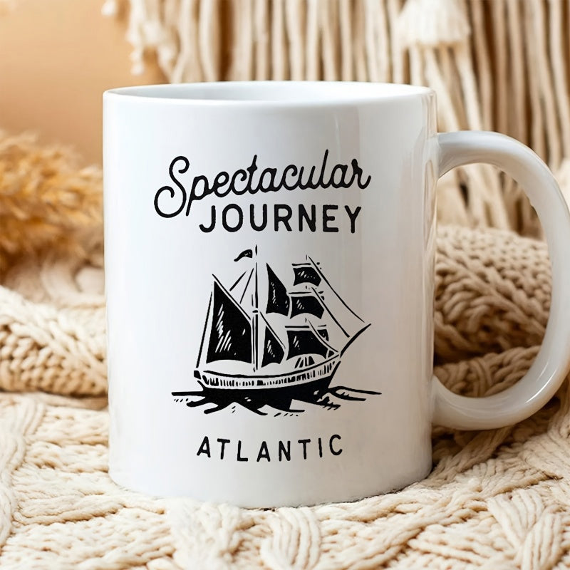 Tailorly White Ceramic 11 oz Mug - Spectacular Journey Atlantic Vintage Style Black Sailing Ship Navigating Across Gentle Ocean Waves Ship