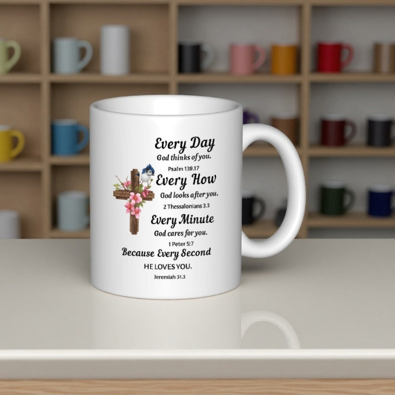 Tailorly White Ceramic 11 oz Mug - Every Day God Thinks Of You Psalm Every Hour God Looks After You Thessalonians Every Minute God Cares For You Peter Because