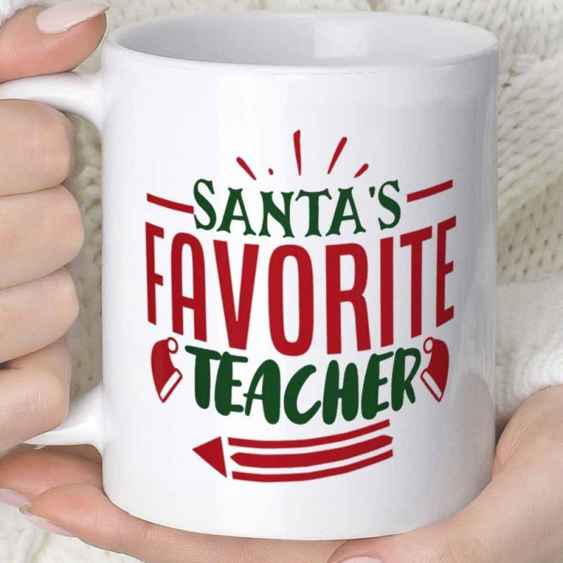 Tailorly White Ceramic 11 oz Mug - Santas Favorite Teacher Festive Holiday Design Featuring Santa Hats And A Colorful Striped Pencil Teacher