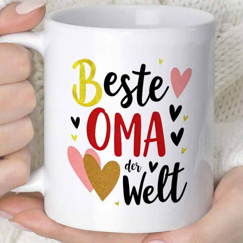 Tailorly White Ceramic 11 oz Mug - Artistic Colorful Hearts Arranged Around Hand Drawn Decorative Script Lettering Heart