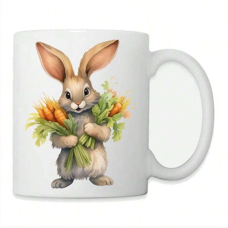 Tailorly White Ceramic 11 oz Mug - Adorable Fluffy Bunny Holding Fresh Orange Carrots In Its Paws Rabbit