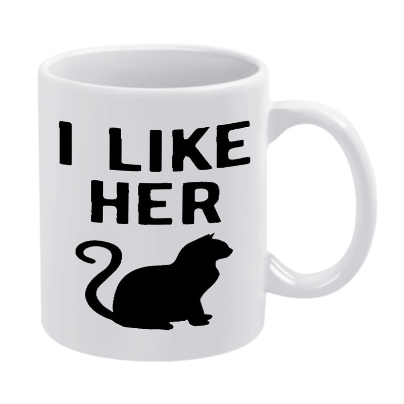 Tailorly White Ceramic 11 oz Mug - I Like Her Sitting In A Graceful Pose With A Curled Elegant Tail Cat