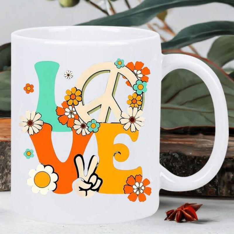 Tailorly White Ceramic 11 oz Mug - Love Retro Style Floral Patterns With Iconic Peace Symbols And Groovy Hand Gesture Mug