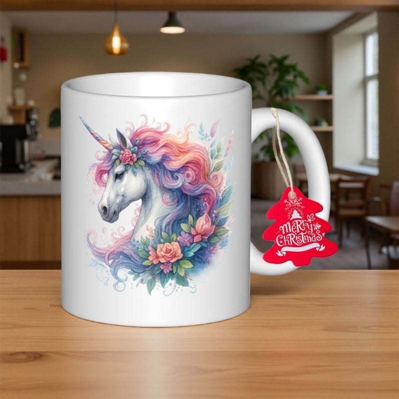 Tailorly White Ceramic 11 oz Mug - Merry Christmas Majestic Fantasy Creature With Flowing Pink Mane And Delicate Pastel Roses Unicorn