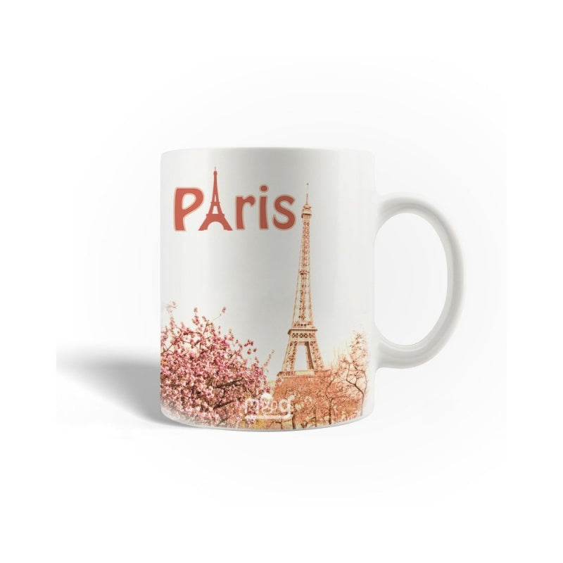 Tailorly White Ceramic 11 oz Mug - Paris Romantic Cityscape Featuring Blooming Spring Blossoms And Iconic Eiffel Tower