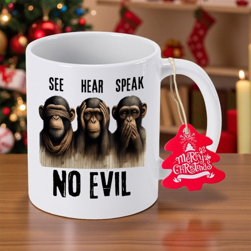 Tailorly White Ceramic 11 oz Mug - See Hear Speak No Evil Three Realistic Chimpanzees Gesturing Ancient Wisdom Proverb Across Background Monkey
