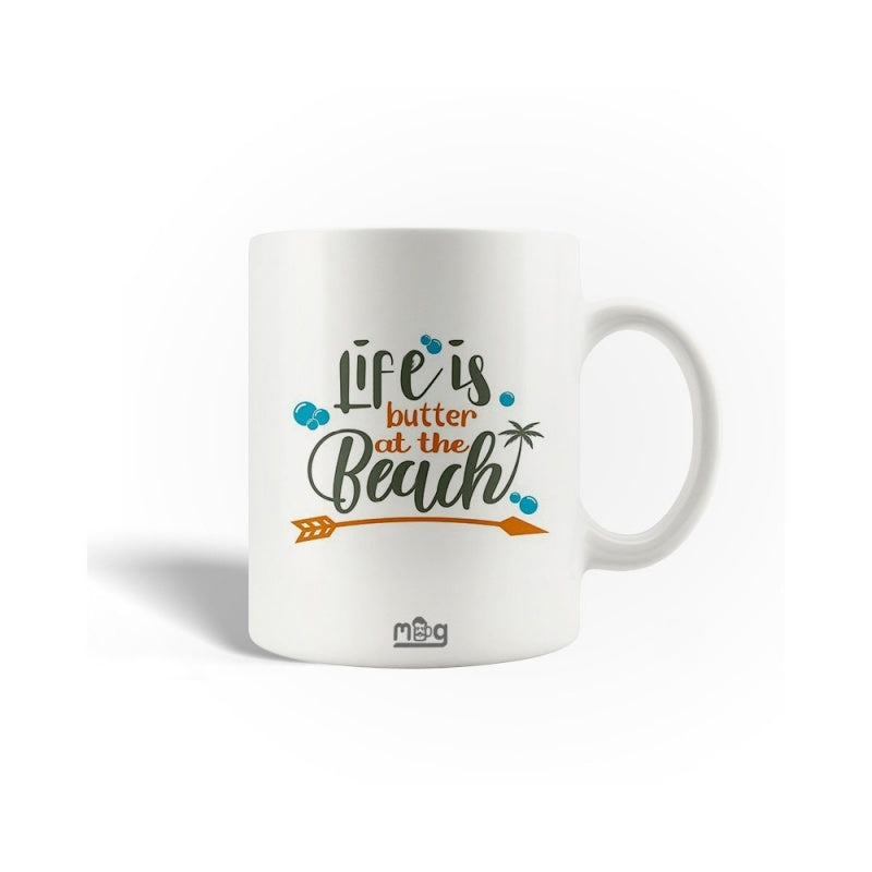Tailorly White Ceramic 11 oz Mug - Life Is Better At The Beach Tropical Palm Tree Sitting Above A Stylized Arrow Amidst Blue Water Droplets Beach