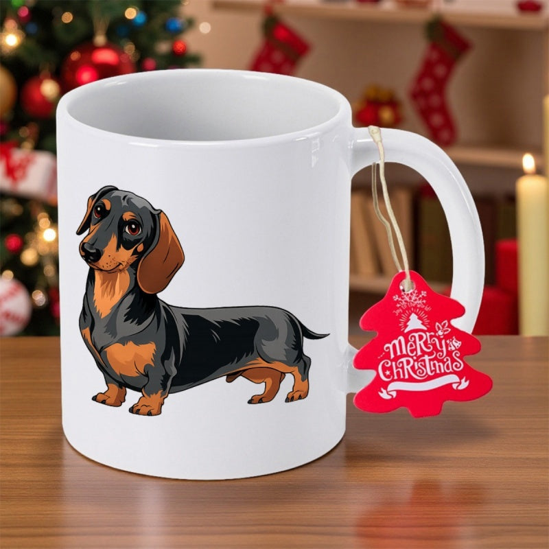 Tailorly White Ceramic 11 oz Mug - Merry Christmas Adorable Black And Tan Short Haired Sausage Dog Standing Proudly Dachshund