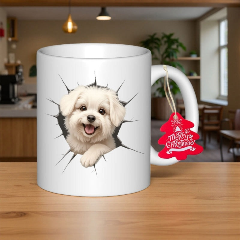 Tailorly White Ceramic 11 oz Mug - Merry Christmas Adorable Fluffy White Dog Peeking Through A Realistic Cracked Hole Puppy