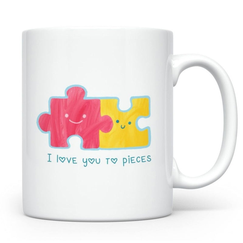 Tailorly White Ceramic 11 oz Mug - I Love You To Pieces Two Cute Interlocking Heart Shaped Elements Featuring Small Smiling Faces Puzzle
