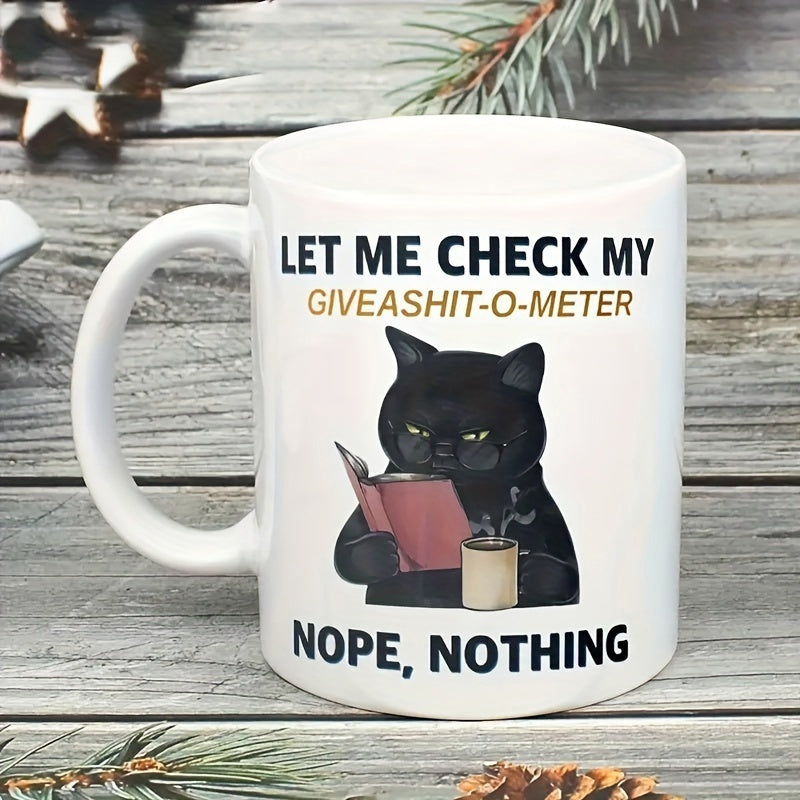 Tailorly White Ceramic 11 oz Mug - Let Me Check My Giveashit O Meter Nope Nothing Grumpy Black Cat Reading Red Book With Steaming Coffee Cup Cat