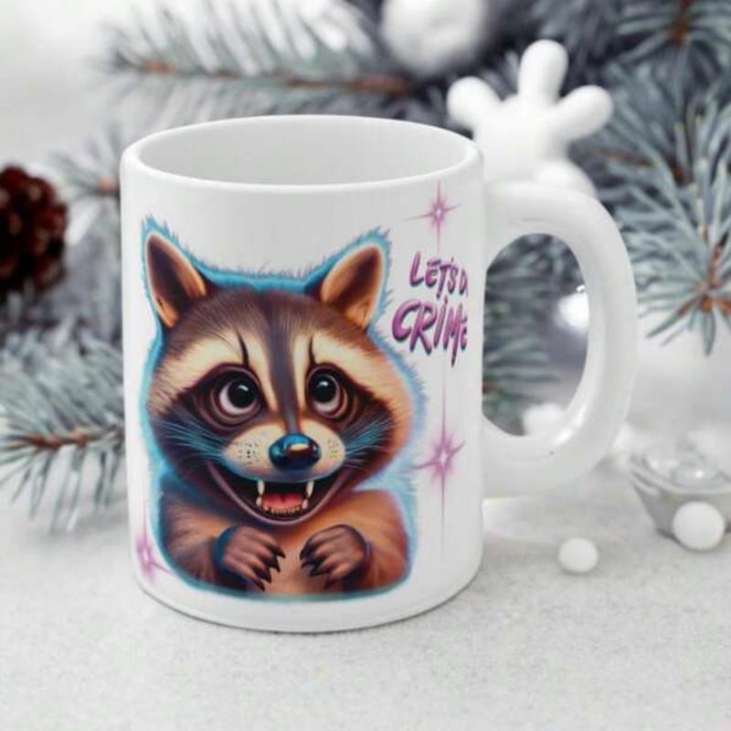 Tailorly White Ceramic 11 oz Mug - Lets Crime Adorable Cartoon Portrait With Sparkling Stars And Glowing Blue Raccoon
