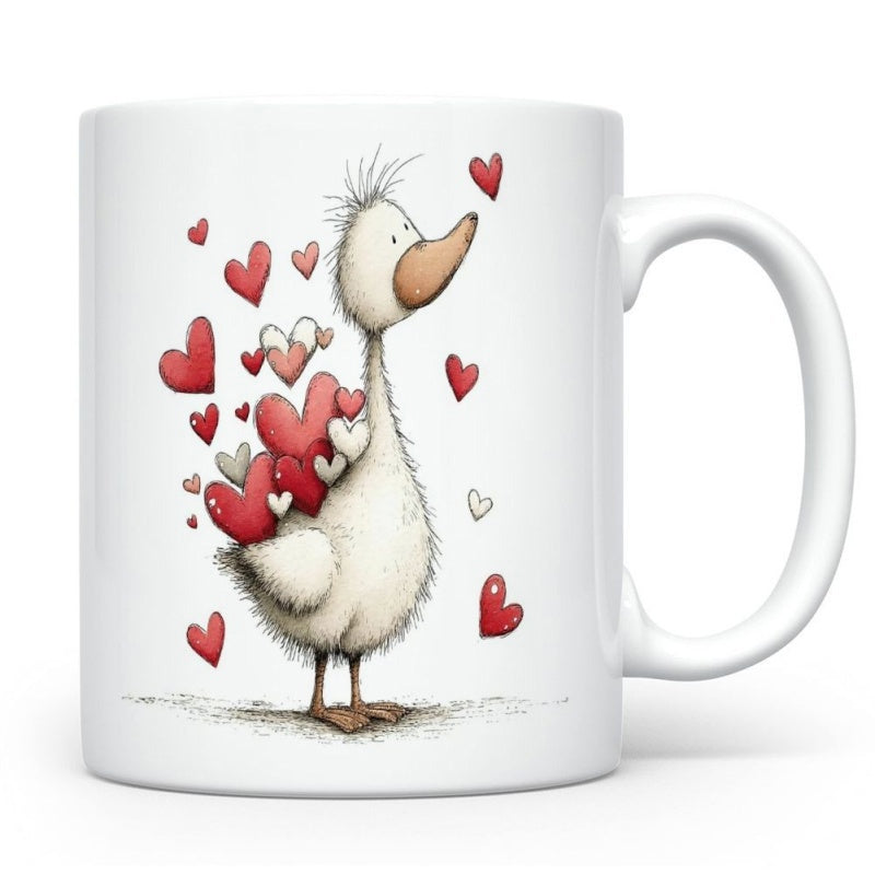 Tailorly White Ceramic 11 oz Mug - Sweet Fluffy Bird Surrounded By Many Floating Small Red Hearts Duck