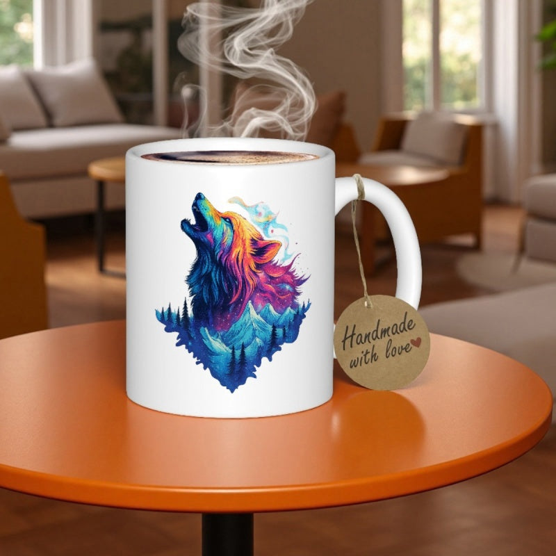 Tailorly White Ceramic 11 oz Mug - Handmade With Love Vibrant Colorful Artistic Double Exposure Mountain Forest Wilderness Wolf