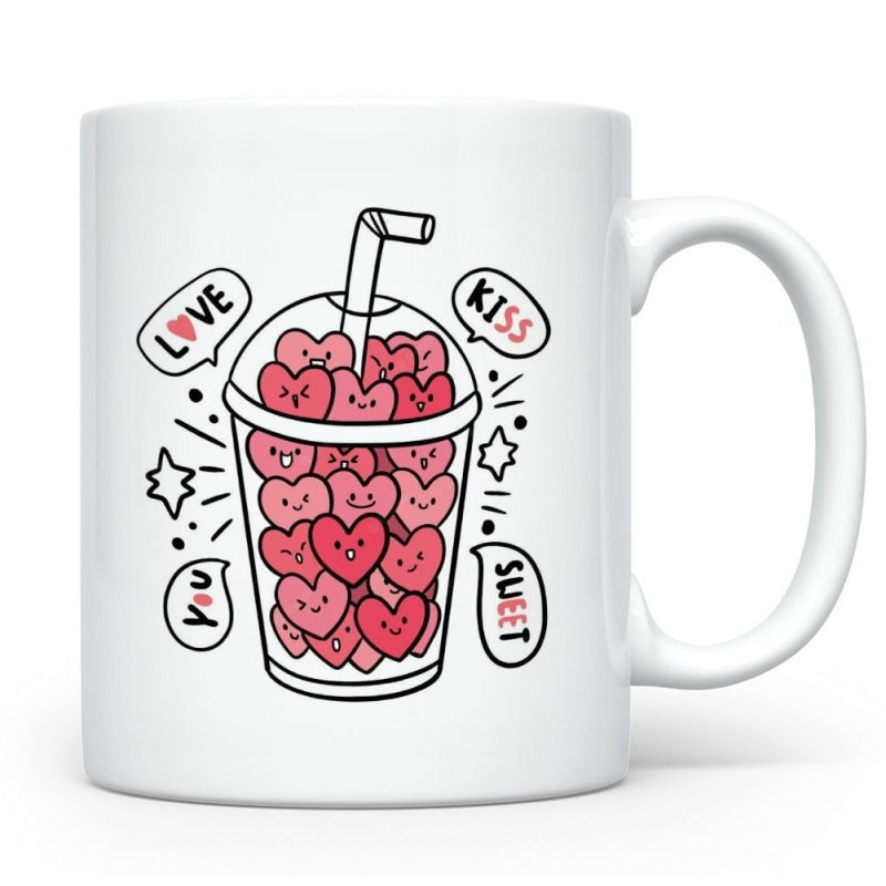 Tailorly White Ceramic 11 oz Mug - Love Kiss You Sweet Adorable Kawaii Style Hearts Filling A Large Clear Plastic Cup