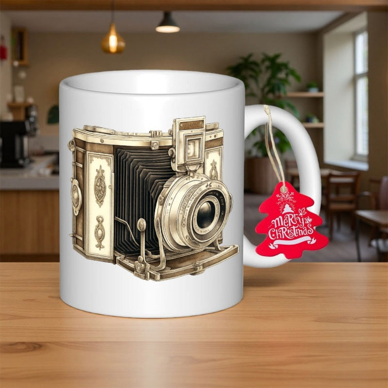 Tailorly White Ceramic 11 oz Mug - Merry Christmas Elegant Vintage Style Camera With Antique Ornate Bellows Details Camera
