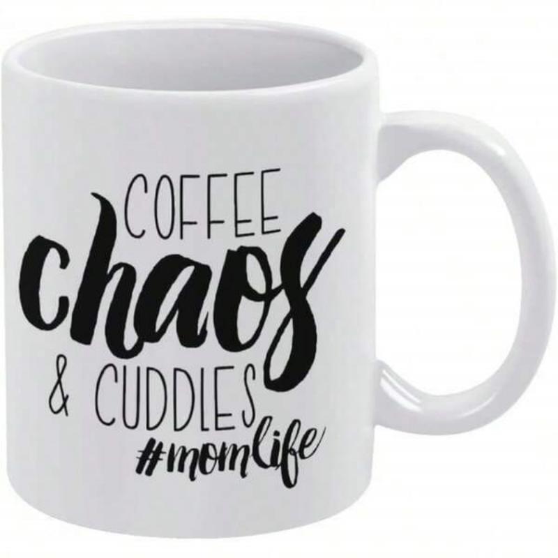 Tailorly White Ceramic 11 oz Mug - Coffee Chaos Cuddles Momlife Elegant Hand Drawn Typography Featuring Bold Script And Block Lettering Art