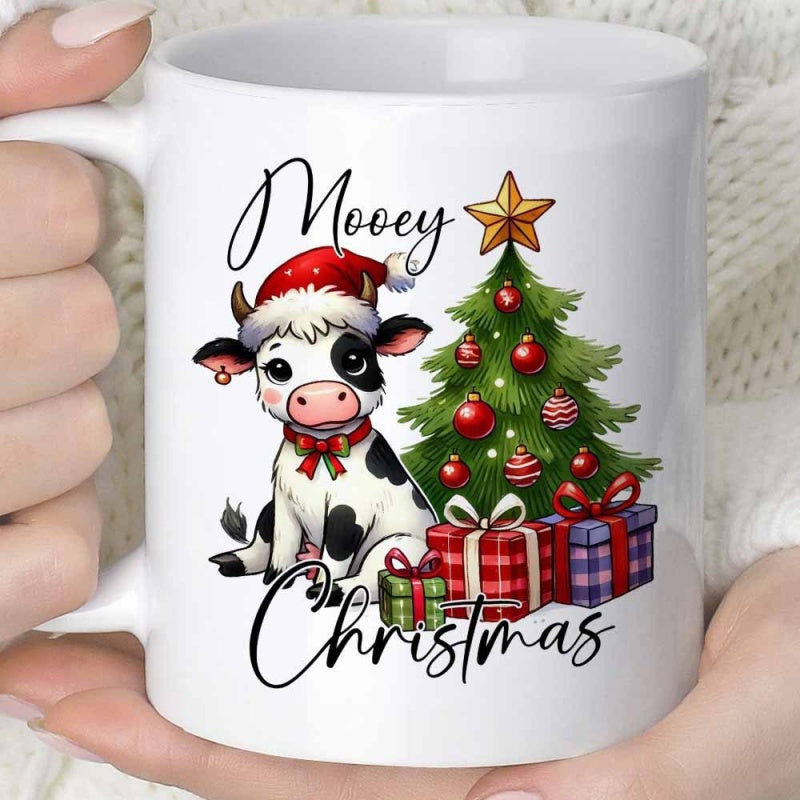 Tailorly White Ceramic 11 oz Mug - Mooey Christmas Adorable Spotted Calf Wearing Santa Hat Beside Decorated Festive Christmas Tree Cow